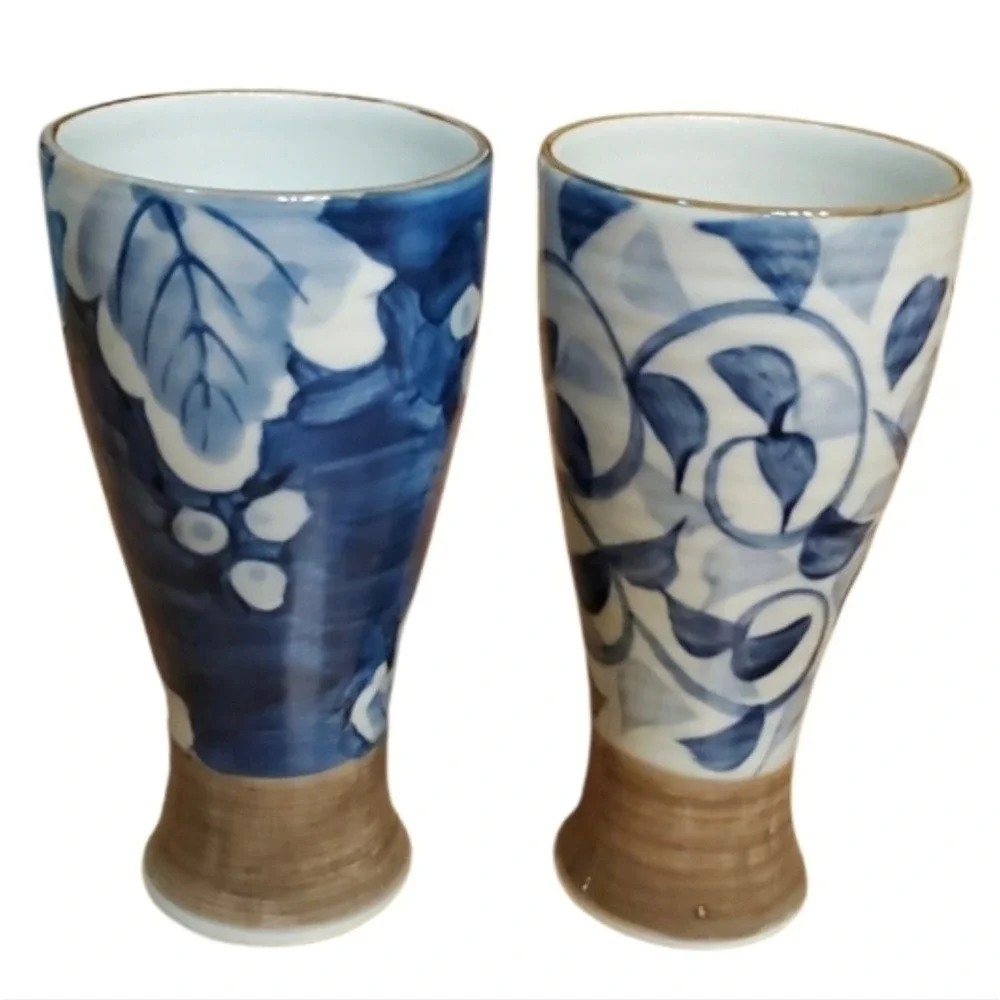 Eiraku Kiln Pottery Beer Mug Cups Set Of 2 With Vine And Plum Blossom Motif